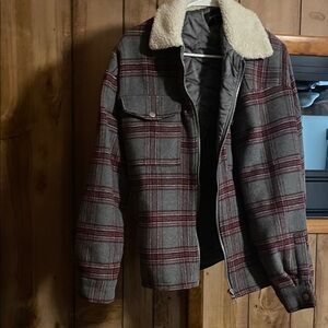 Forever 21 Gray and Red Plaid Jacket with Sherpa Collar